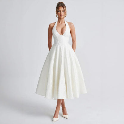 Halter V-Neck Jacquard Dress