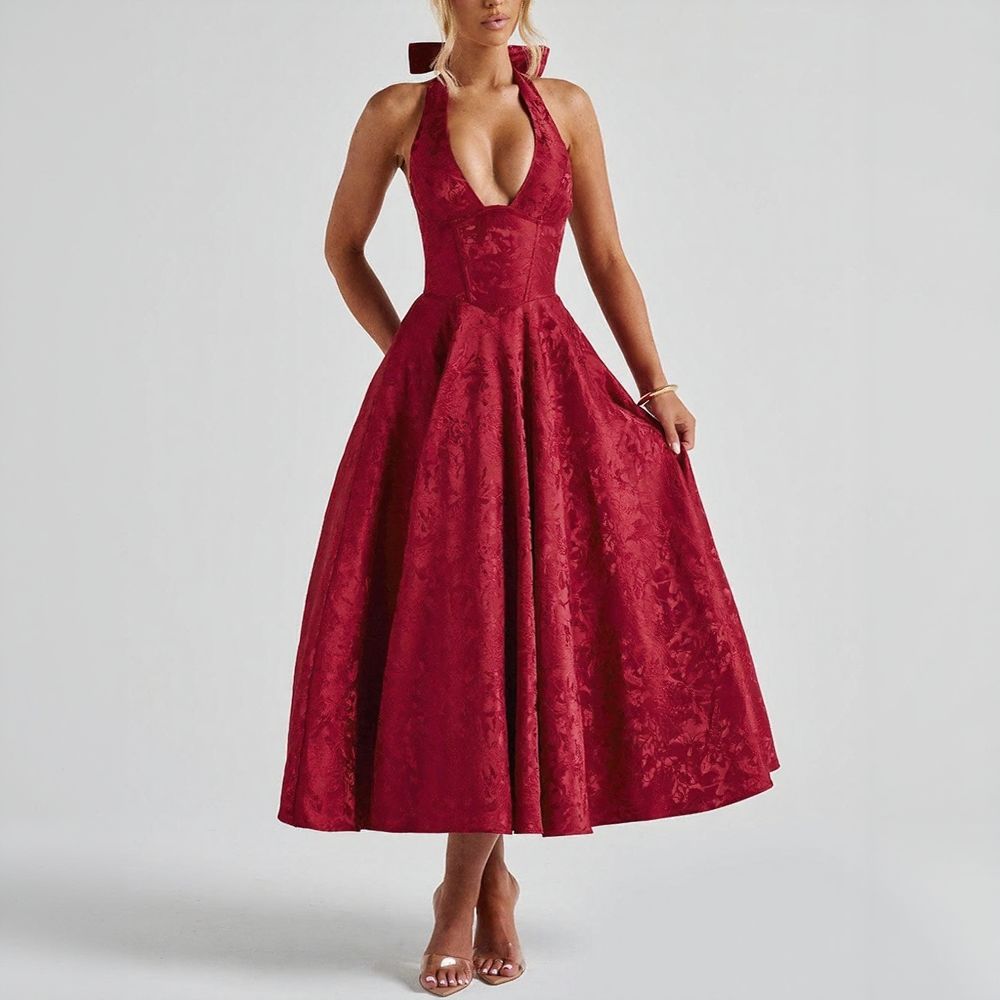 Halter V-Neck Jacquard Dress
