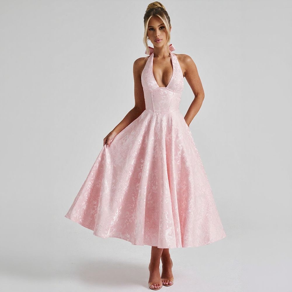 Halter V-Neck Jacquard Dress