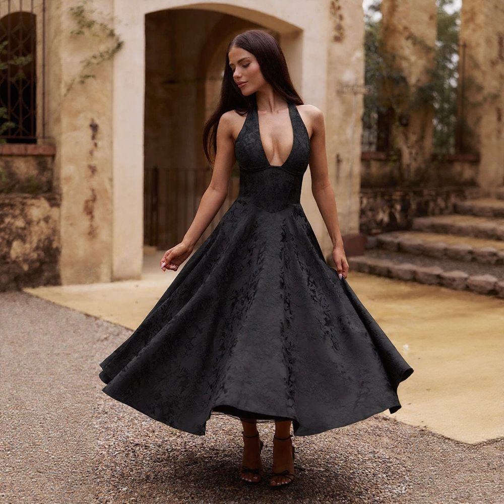 Halter V-Neck Jacquard Dress