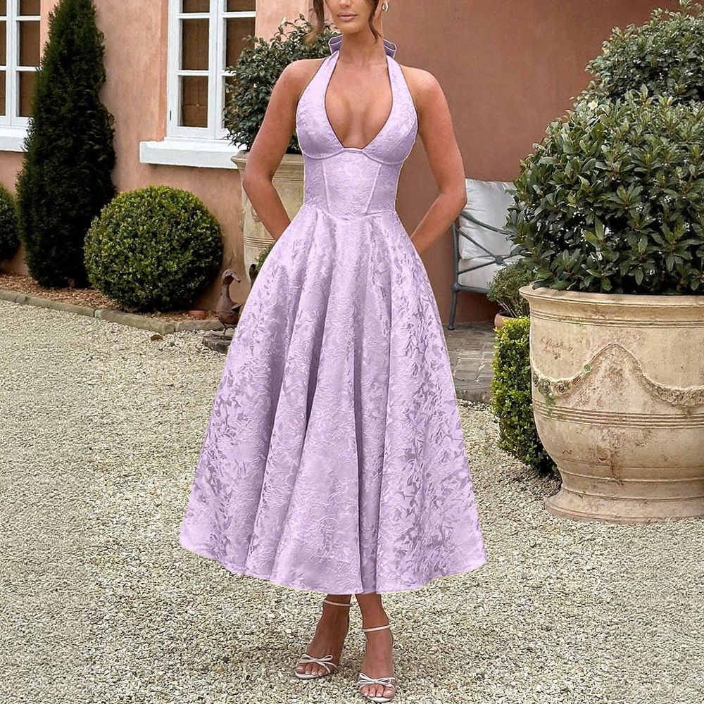 Halter V-Neck Jacquard Dress
