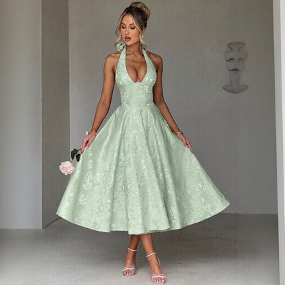 Halter V-Neck Jacquard Dress
