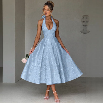 Halter V-Neck Jacquard Dress