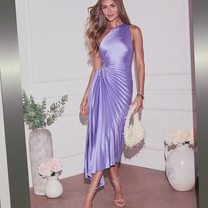 Pleated One-Shoulder Solid Evening Gown