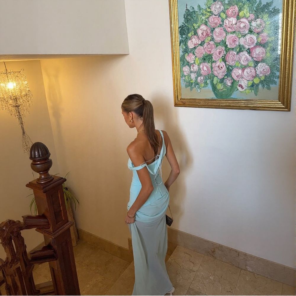 Allure Asymmetrical V-Neck Sheer Trim Long Maxi Dress