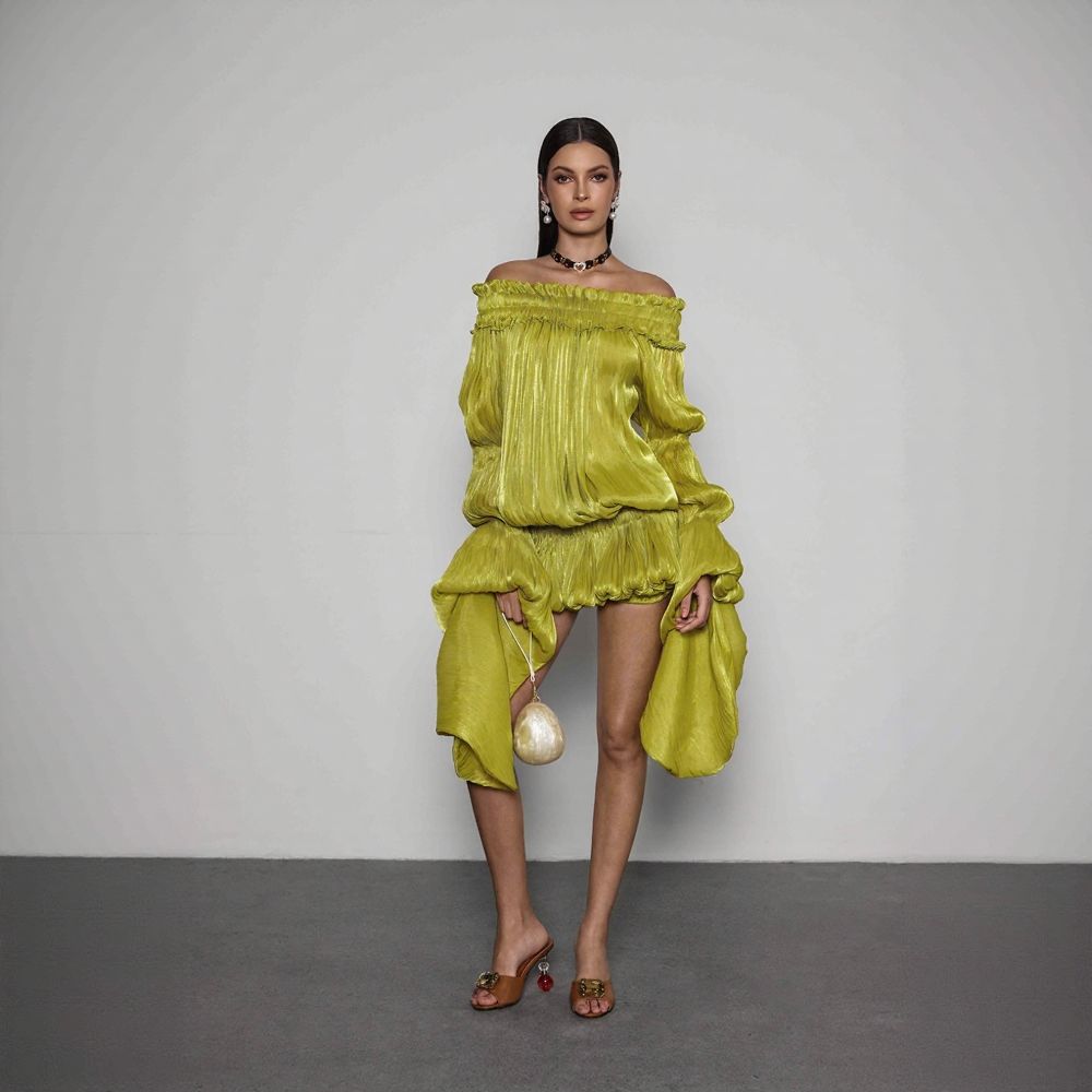 Elegant Green Off-Shoulder French Chiffon Dress