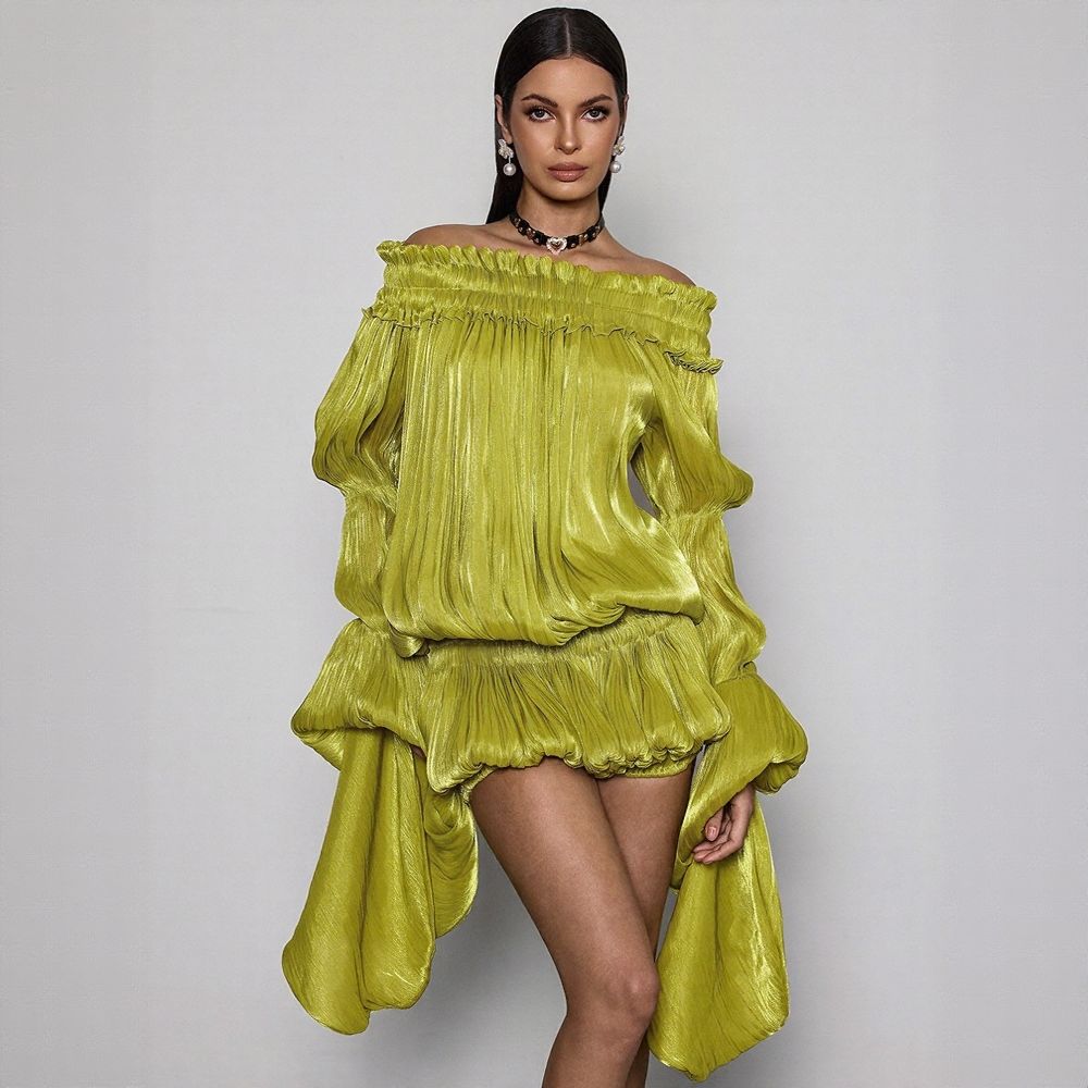 Elegant Green Off-Shoulder French Chiffon Dress