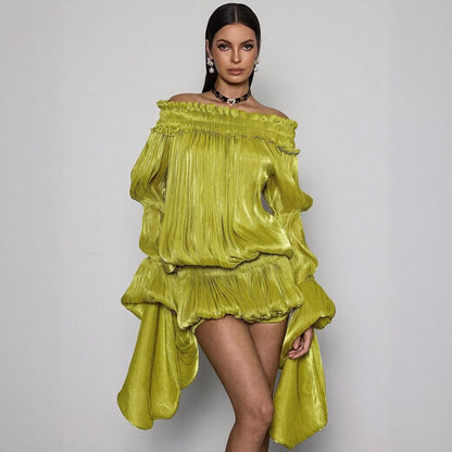 Elegant Green Off-Shoulder French Chiffon Dress