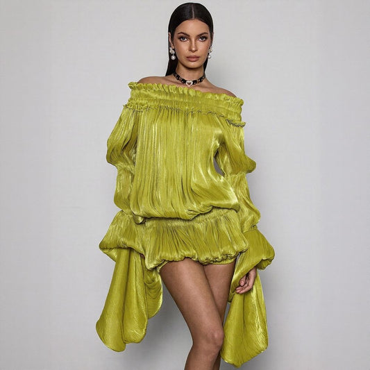 Elegant Green Off-Shoulder French Chiffon Dress