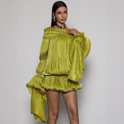 Elegant Green Off-Shoulder French Chiffon Dress