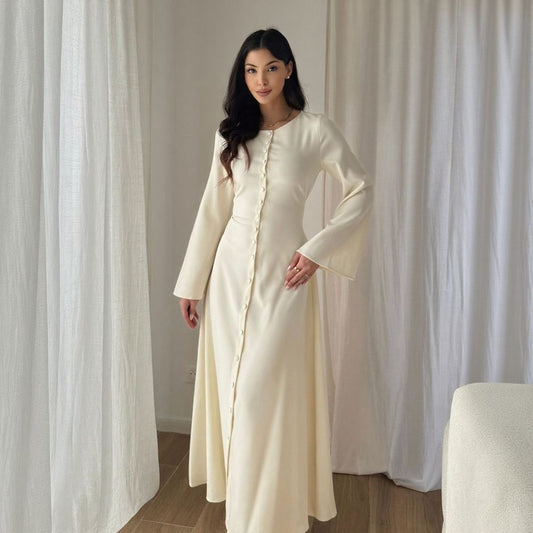 Round Neck Long Sleeve Solid Color Multi-Button Elegant Dress