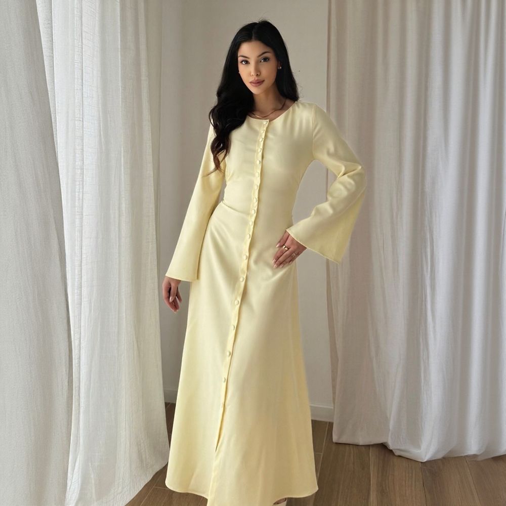 Round Neck Long Sleeve Solid Color Multi-Button Elegant Dress