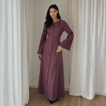 Round Neck Long Sleeve Solid Color Multi-Button Elegant Dress