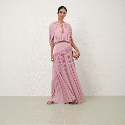 Pink Crop Top + Long Skirt 2-Piece Set