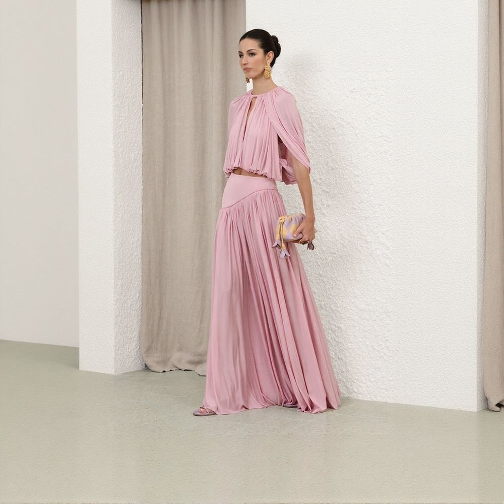 Pink Crop Top + Long Skirt 2-Piece Set