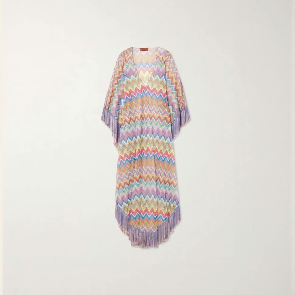 fringed striped crochet-knit kaftan