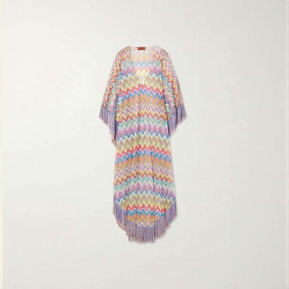 fringed striped crochet-knit kaftan