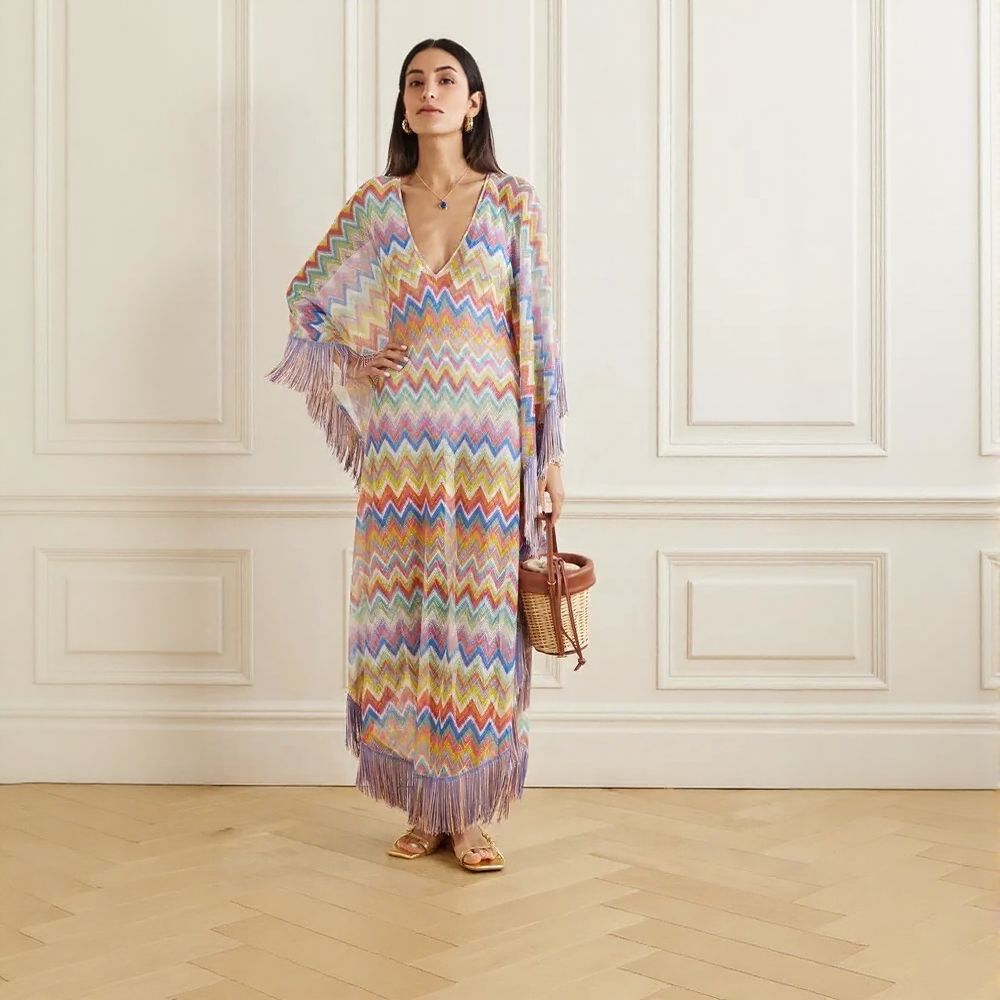 fringed striped crochet-knit kaftan