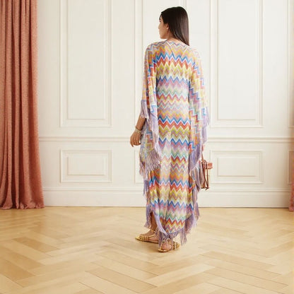 fringed striped crochet-knit kaftan