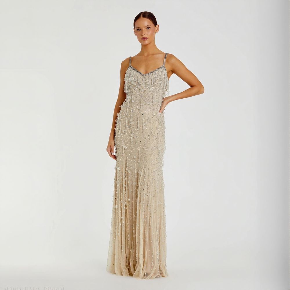 Beige V-Neck Column Gown with Fringe EmbellishmentsI (Clearance sale!)