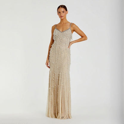 Beige V-Neck Column Gown with Fringe EmbellishmentsI (Clearance sale!)