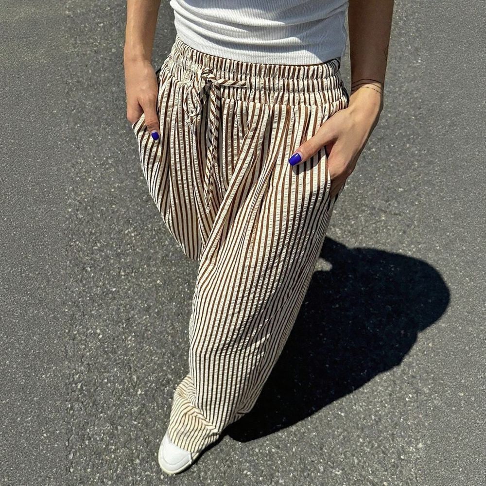 Striped Drawstring Wide Leg Casual Pants With Pockets