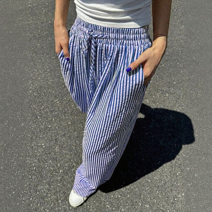 Striped Drawstring Wide Leg Casual Pants With Pockets