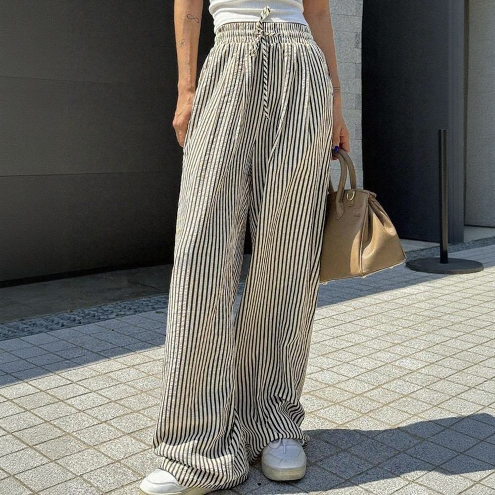 Striped Drawstring Wide Leg Casual Pants With Pockets