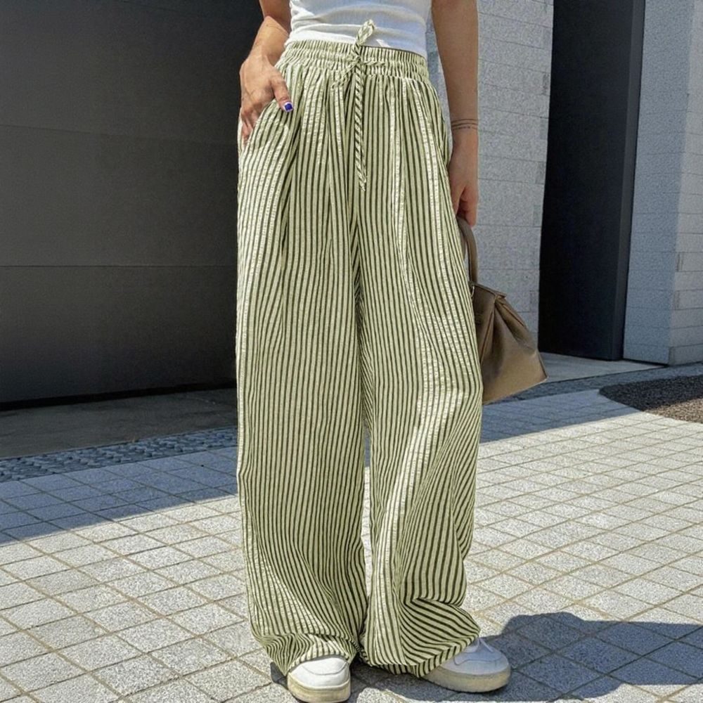 Striped Drawstring Wide Leg Casual Pants With Pockets