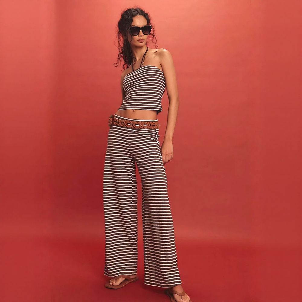 Striped Color Block Tube Top & Elastic Waist Pants Set