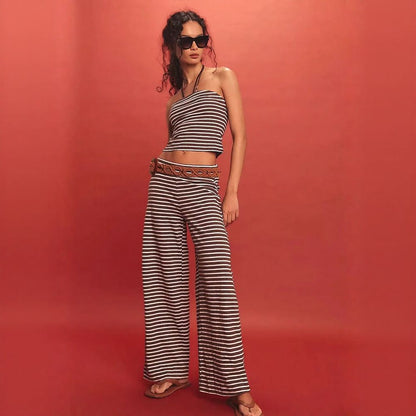 Striped Color Block Tube Top & Elastic Waist Pants Set
