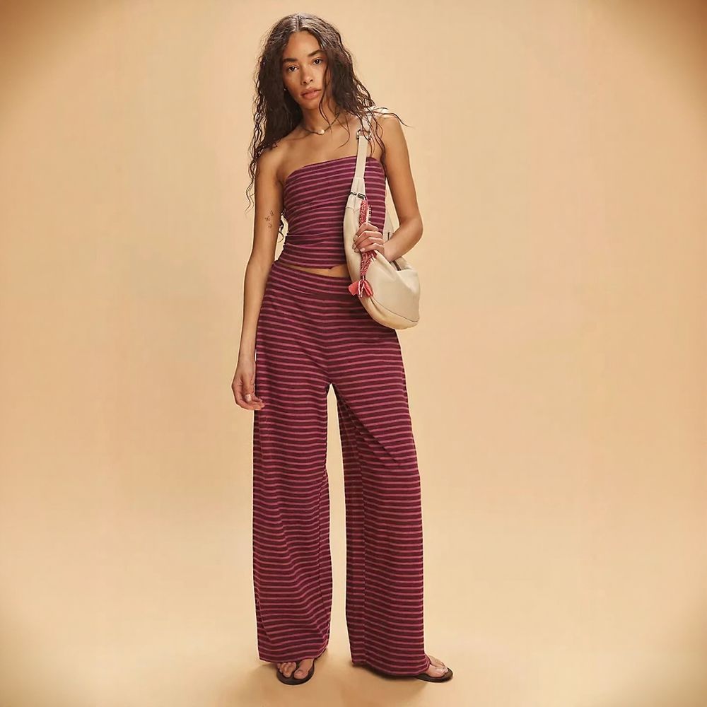 Striped Color Block Tube Top & Elastic Waist Pants Set