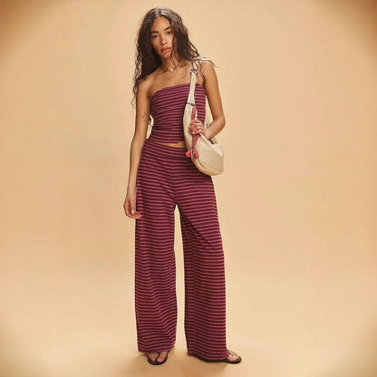Striped Color Block Tube Top & Elastic Waist Pants Set