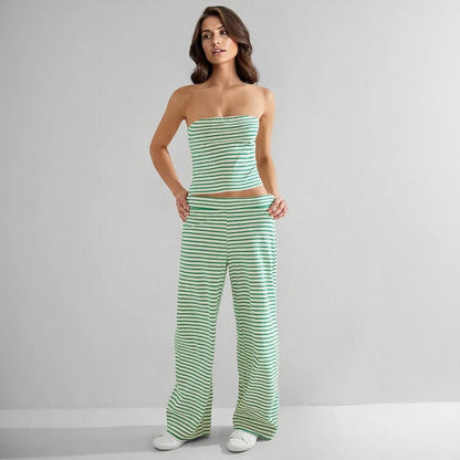 Striped Color Block Tube Top & Elastic Waist Pants Set