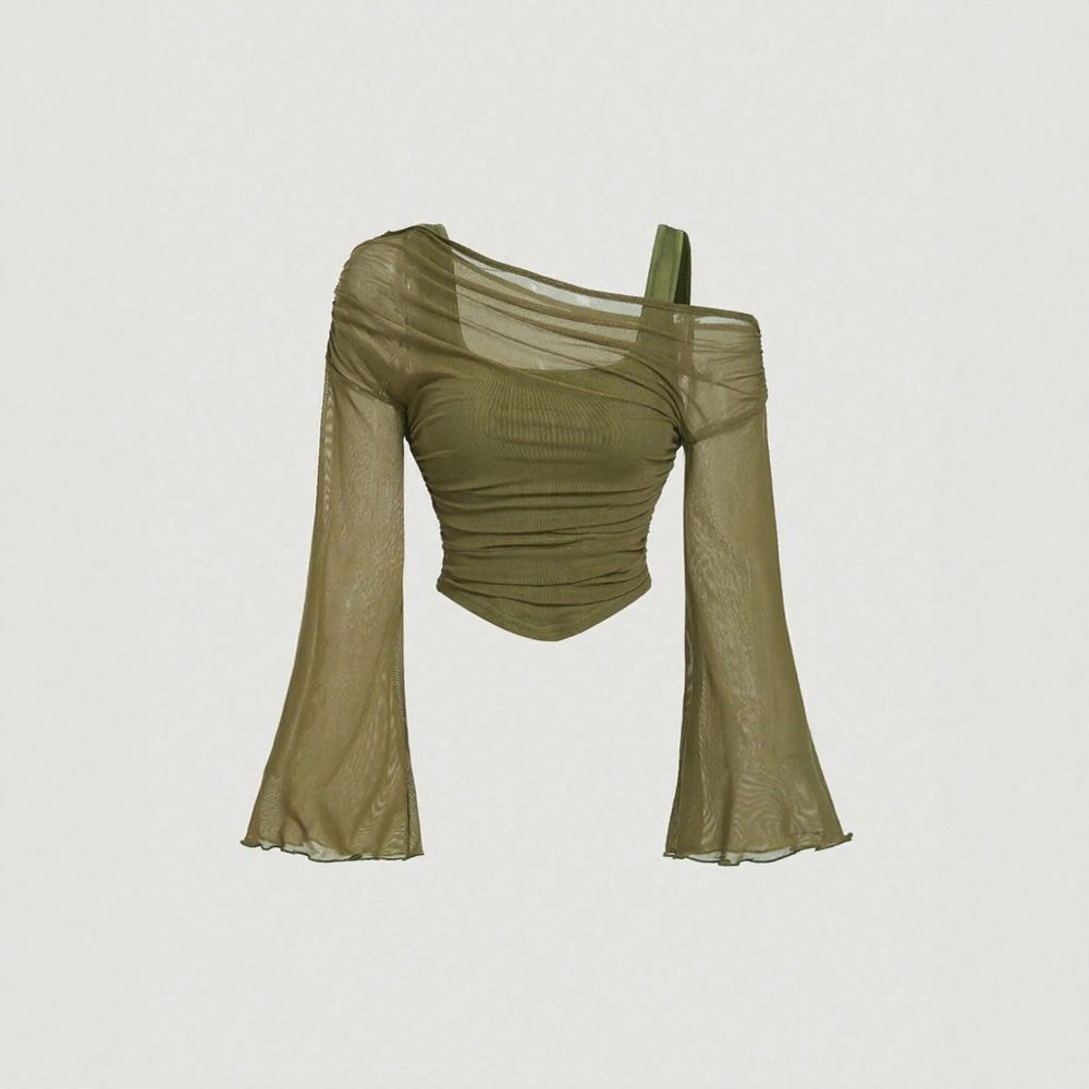 Mesh Draped Ruched Long Sleeve Top