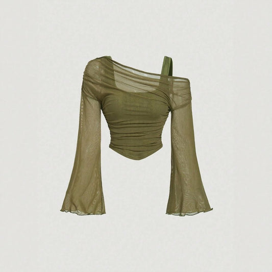 Mesh Draped Ruched Long Sleeve Top