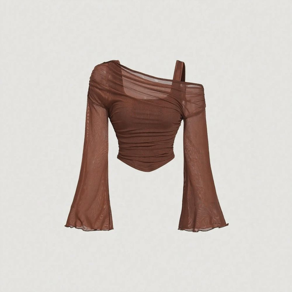 Mesh Draped Ruched Long Sleeve Top
