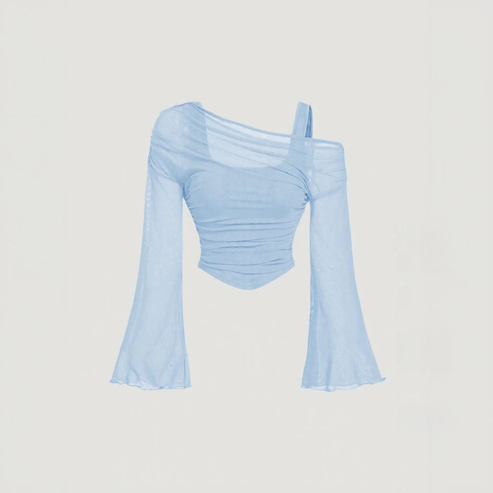 Mesh Draped Ruched Long Sleeve Top