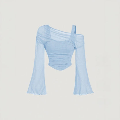 Mesh Draped Ruched Long Sleeve Top