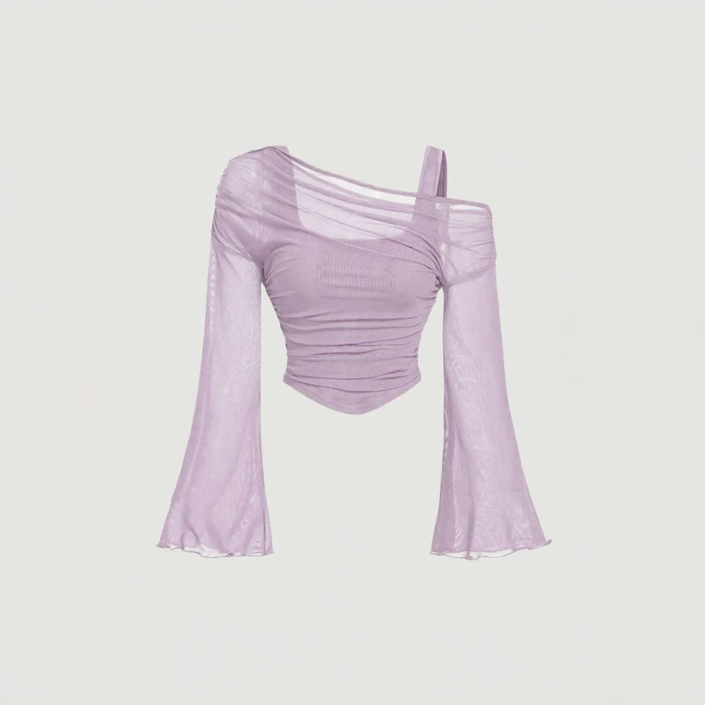 Mesh Draped Ruched Long Sleeve Top