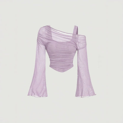 Mesh Draped Ruched Long Sleeve Top