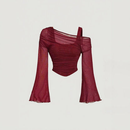 Mesh Draped Ruched Long Sleeve Top