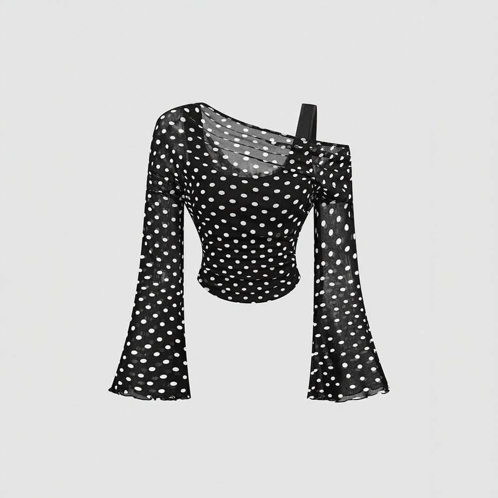 Mesh Draped Ruched Long Sleeve Top