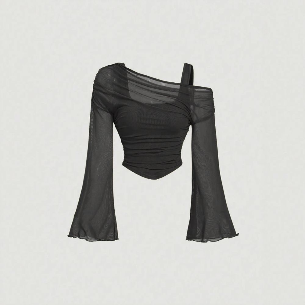 Mesh Draped Ruched Long Sleeve Top