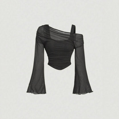 Mesh Draped Ruched Long Sleeve Top