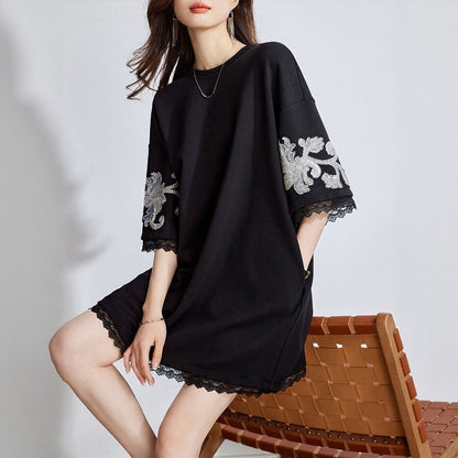 Lace Trim Sequin Short Sleeve Top