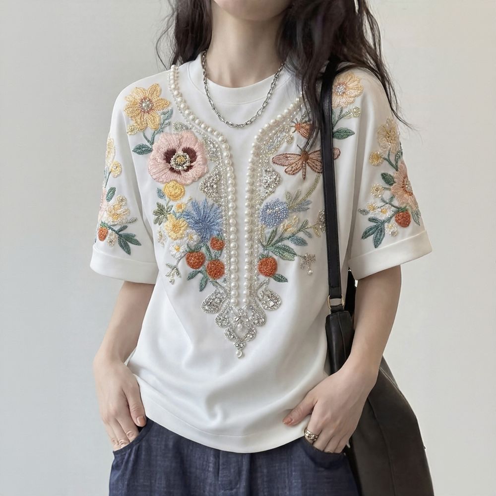 Pearl & Floral Short Sleeve Top