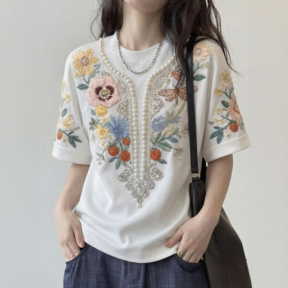 Pearl & Floral Short Sleeve Top