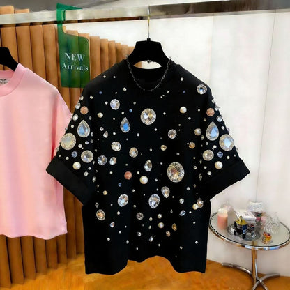 All-Over Jewel Embellished Short Sleeve Top
