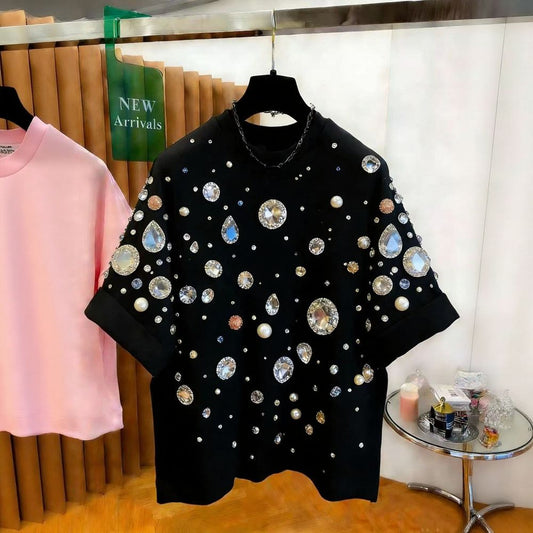 All-Over Jewel Embellished Short Sleeve Top